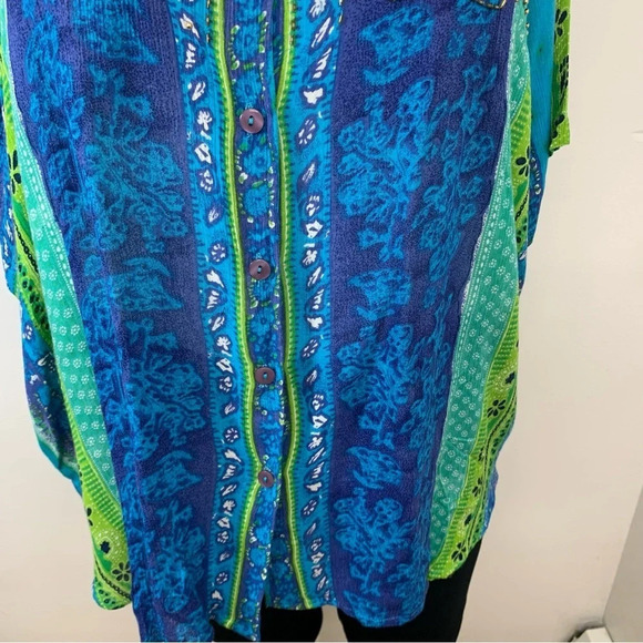 Kaktus Blouse Top Plus Size 3X Beaded Gauzy Colorful Button Front Art to Wear - Picture 3 of 11